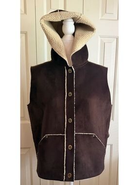 Lauren Ralph Lauren Reversible Faux Suede Sherpa Hooded Vest Brown Cream P/M